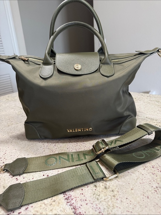 Mario Valentino Handbags - Mario Valentino Olive Nylon Tote with Gold Hardware and Detachable Logo Strap